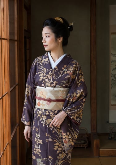 A Japanese woman wearing a traditional dark floral kimono and obi belt stands in a wooden room.
