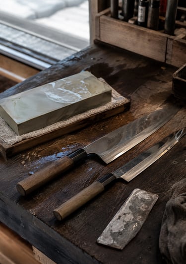 Professional Japanese kitchen knives resting on a wooden sharpening station next to a whetstone.