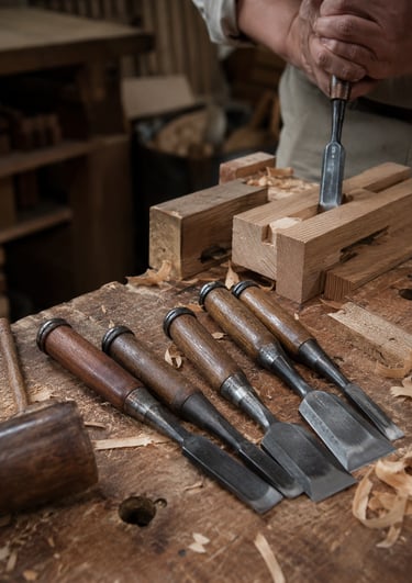 A collection of vintage woodworking chisels and a mallet on a workbench with wood shavings.
