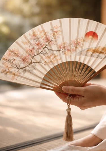 A woman in a silk kimono holds a traditional Japanese folding fan featuring cherry blossom art.