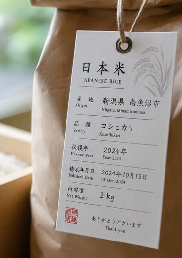 Bag of premium Japanese Koshikari rice from Niigata with a detailed product information tag.