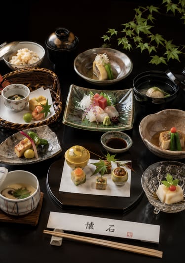 Authentic Japanese Kaiseki multi-course dinner featuring fresh sashimi, miso soup, and seasonal small plates.