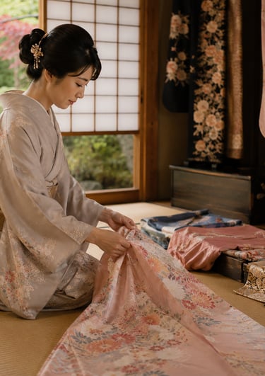 A Japanese woman in a traditional silk kimono folds floral fabrics on a tatami mat floor.