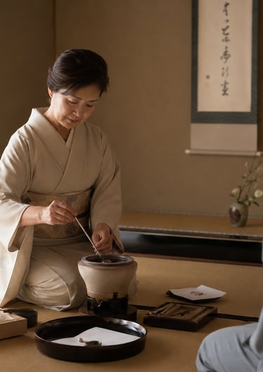 A woman in a traditional silk kimono performs a Japanese tea ceremony on a tatami mat.