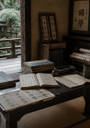 Ancient Japanese scrolls and open calligraphy books on a low wooden table in a traditional tea house room.