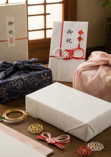 Traditional Japanese gift boxes wrapped in floral furoshiki cloth and washi paper with mizuhiki knots.