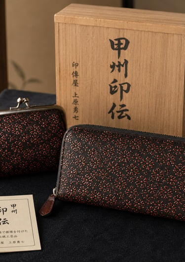 Traditional Japanese Koshu Inden patterned leather long wallet and coin purse set with a wooden gift box.
