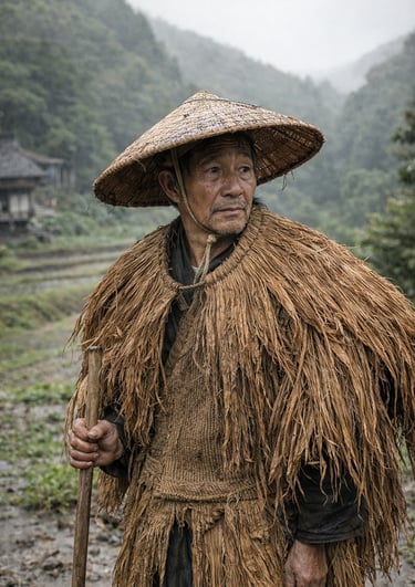 Elderly Asian farmer in traditional straw rain cape and conical hat standing in a misty field.