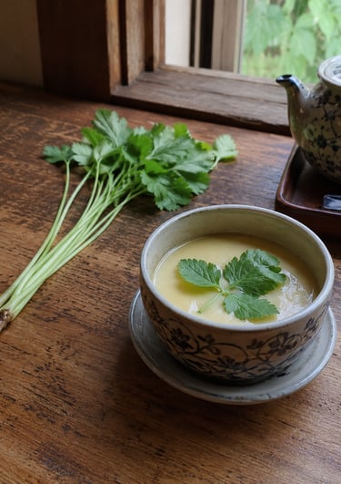 A ceramic bowl of savory Japanese chawanmushi egg custard garnished with fresh mitsuba herbs on a wooden table.