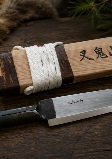 A hand-forged Japanese Matagi Nagasa hunting knife with its wooden scabbard on a dark wood surface.