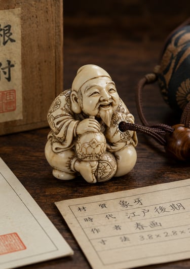 Antique Japanese hand-carved ivory netsuke of a smiling man sitting with traditional wooden storage box.