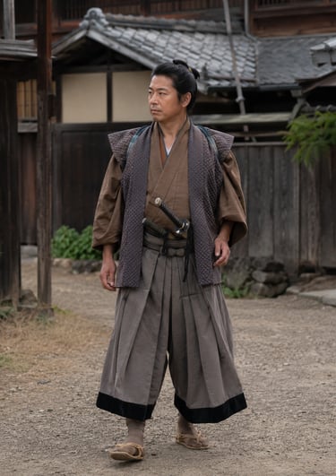 A Japanese samurai wearing a traditional kimono and hakama standing in a historic village.