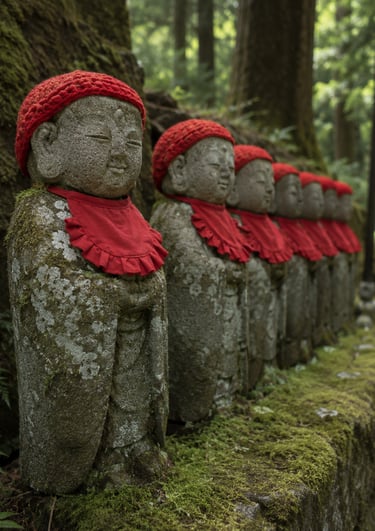 Six Japanese Jizo stone statues wearing red knitted caps and bibs in a mossy forest.