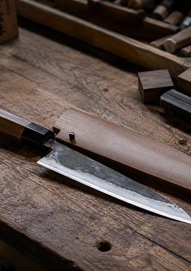 Handcrafted Japanese chef knife with a wooden handle and matching saya sheath on a rustic wood workbench.