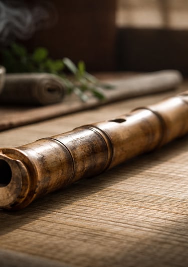 Traditional wooden shakuhachi bamboo flute on a mat with a steaming tea cup.