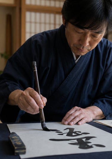 A Japanese calligrapher in a traditional kimono practicing Shodo ink painting with a brush on paper.
