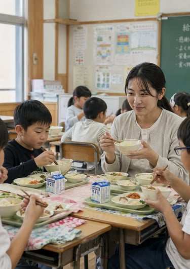 A Japanese elementary school teacher and students eating a nutritious school lunch together in a classroom.