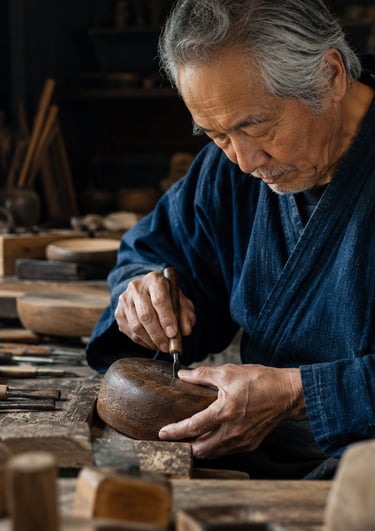 An elderly Japanese artisan in a traditional blue kimono meticulously carving a wooden bowl in his workshop.