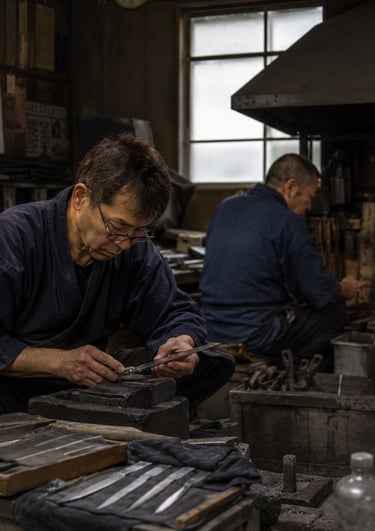 Japanese blacksmith crafting handmade chef knives in a traditional forge workshop.