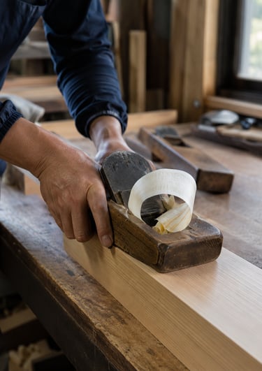 A carpenter uses a traditional wooden hand plane to smooth a timber plank in a woodworking shop.