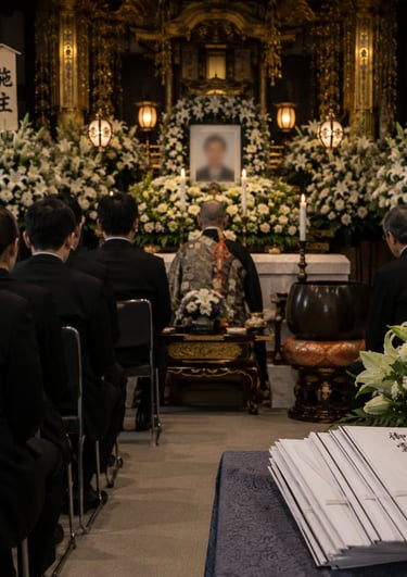 A traditional Japanese Buddhist funeral ceremony with mourners, floral tributes, and a priest at a golden altar.