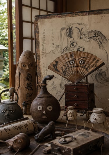 Antique Japanese Tsukumogami folk art figurines and household objects with faces displayed on a tatami mat.