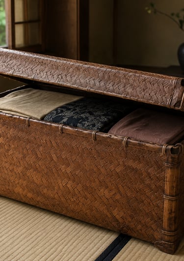 Woven bamboo storage trunk with folded textiles on a traditional Japanese tatami mat.