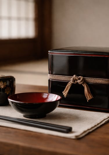 Traditional Japanese lacquerware bento box, tea canister, and bowl on a wooden table.