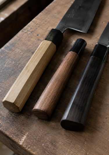Professional Japanese chef knives with handcrafted wooden handles on a rustic timber surface.