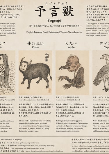 Infographic of Japanese Yogenju prophetic beasts including Amabie and Kudan with historical Edo period illustrations.