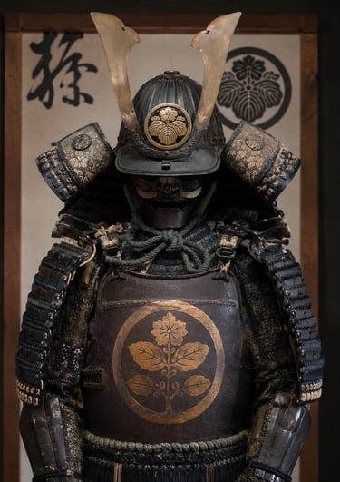 Authentic Japanese samurai armor with a traditional kabuto helmet and floral crest in a museum display.