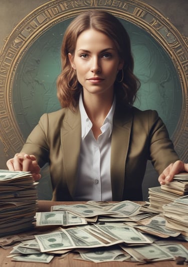 a woman sitting at a table with stacks of money