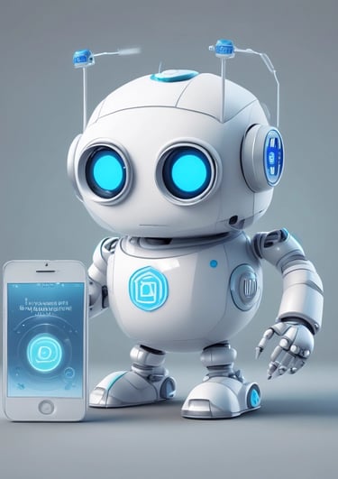 A small, round robot with a smooth white surface and blue accents operates a blue laptop on a sleek, floating platform. The robot has glowing eyes and an antenna on its head, with an 'AI' emblem on its front.