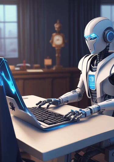 A small, round robot with a smooth white surface and blue accents operates a blue laptop on a sleek, floating platform. The robot has glowing eyes and an antenna on its head, with an 'AI' emblem on its front.