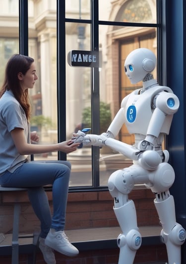 A small, white humanoid robot with blue accents, including eyes, mouth, and a circular badge with the letters 'AI' on its chest, is positioned in front of a blue laptop on a metallic surface. The robot has a simple, smooth design with two cylindrical arms and a small antenna on top.