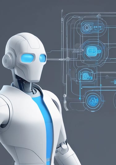 Four small, white robot figures are sitting in a row, each with a laptop in front of them. They have round bodies and blue accents, with 'AI' displayed on their chests. The background is minimal and light gray, emphasizing the robots and their computers.