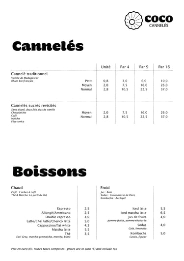 Une carte de cannelés et boissons