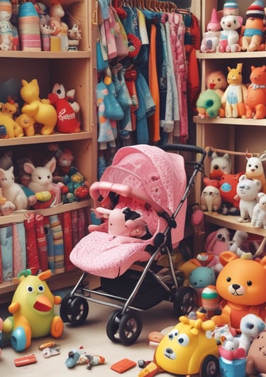 A family stands in a small shop or market stall. A man and a woman hold a baby. The stall is filled with various items, including beverages and snacks. A refrigerator with a Coca-Cola logo is visible in the background.