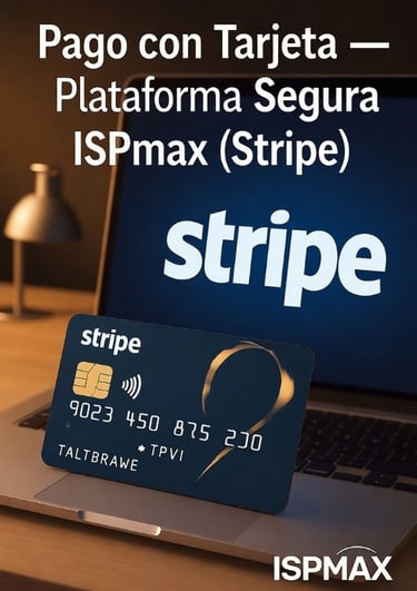 Pago con tarjeta a través de Stripe en ordenador portátil, con logotipo de ISPmax. Imagen profesion