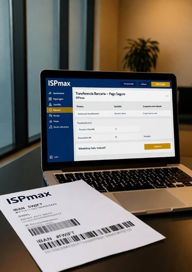 Pantalla de ordenador con formulario de transferencia bancaria y logotipo de ISPmax, mostrando pago 