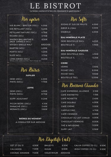 carte des boissons du restaurant Le Bistrot