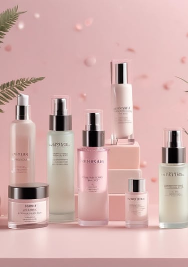 Cute cartoon illustration of a pink cosmetic bottle with sparkles