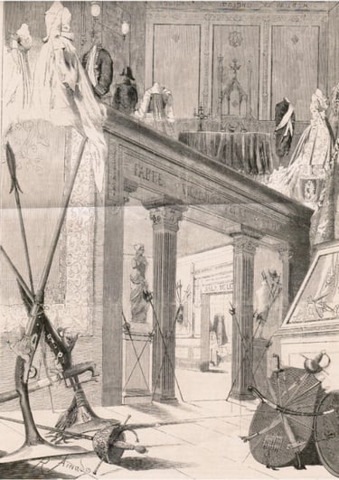 Grabado antiguo de la Exposición de la Asociación Artístico Arqueológica de Barcelona 1879