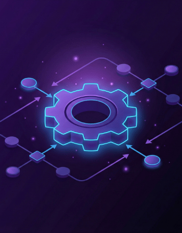 a purple and blue background with a gearwheel and gears