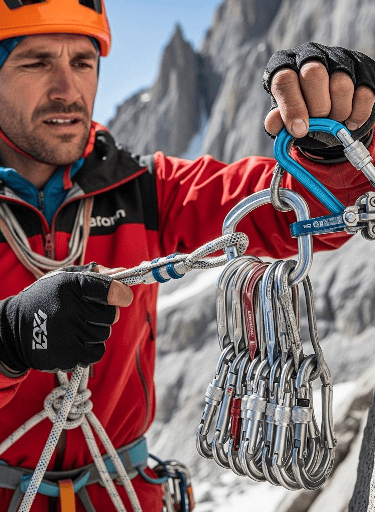 A man in a helmet on a rock climbing with lots of carabiners