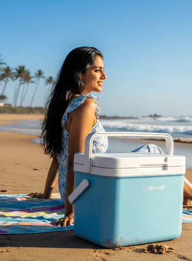 a woman sitting on a beach with a cooler