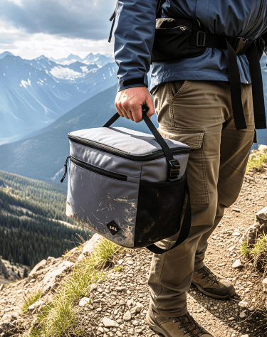 a man in a blue jacket and a backpack carrying thermal food bag