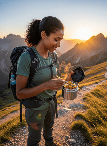 a woman in a backpacker is holding a thermal food container