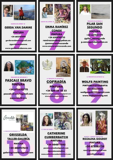 The image shows artists, the location where their work is shown and their contact details.
