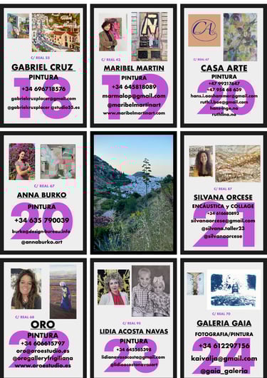 The image shows artists, the location where their work is shown and their contact details.